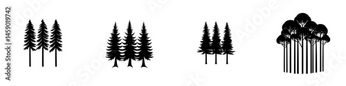 Various flat black tree icons representing different tree types and arrangements in a minimalistic style