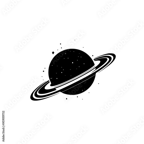 Flat black icon of a stylized planet with rings on a clean white background representing a celestial body in space