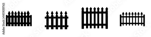 Flat black fence icon set showcasing various designs suitable for modern graphic applications