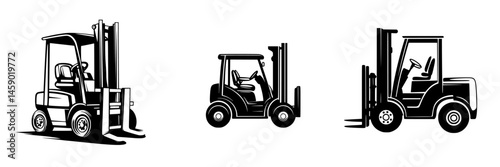 Three flat black forklift icons showcasing different designs and perspectives for industrial use and logistics representation