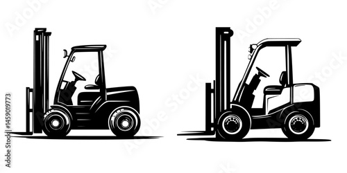 Flat black icons of industrial forklifts showing different angles and designs for warehouse equipment and machinery representation