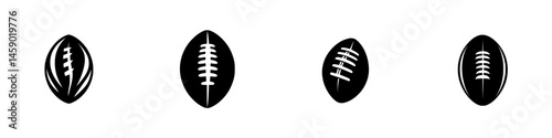 Flat black sports ball icons representing rugby, suitable for various design applications and visual branding
