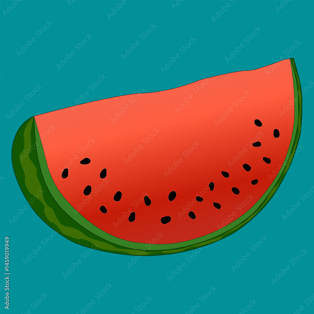 Bright refreshing vector illustration of cut watermelon slice on blue background. Appetizing juicy summer berry with black seeds in vibrant colors. Perfect for Summertime and food themed designs. Bright refreshing vector illustration of cut watermelon slice on blue background. Appetizing juicy summer berry with black seeds in vibrant colors. Perfect for Summertime and food themed designs.