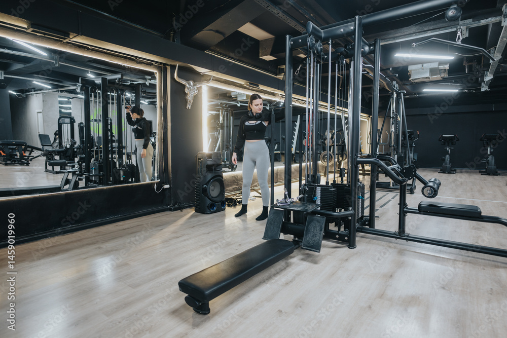Fototapeta premium A woman exercises in a well-lit, modern fitness center, utilizing various gym machines and equipment, promoting a healthy lifestyle and physical activity. Reflection in mirrors adds a dynamic element
