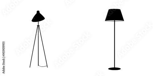Flat black icons of modern standing lamp designs showcased against a white background for interior decor inspiration