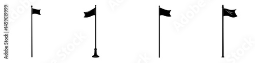 Different styles of flat black flags displayed on poles with various designs and orientations in a minimalist style