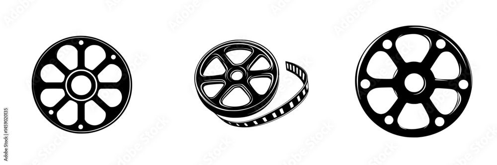 Obraz premium Black flat icons of film reels illustrating motion picture themes in a minimalist design suitable for media-related projects
