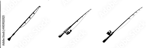 Flat black icons of fishing rods displayed in a row, highlighting various designs and features for angling enthusiasts