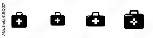 Collection of flat black first aid kit icons in varying sizes for medical or emergency use