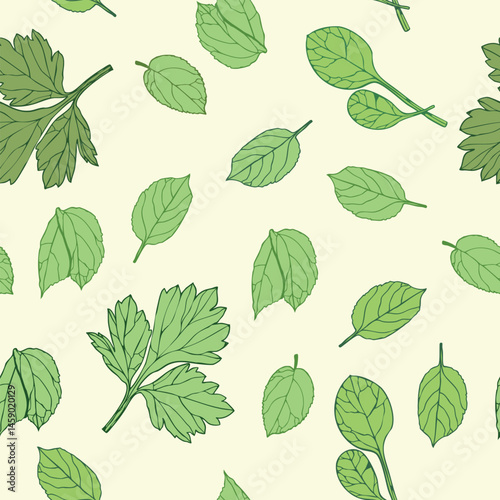 Vector seamless pattern for your spring and summer projects. Leaves in graphic style in green tones on light yellow background are suitable for printing and will attract attention to your project.