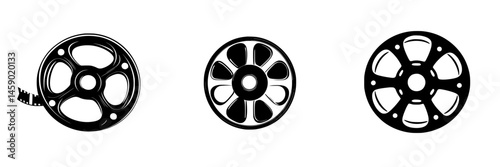 Film reels in black icon design showcasing different styles of movie film