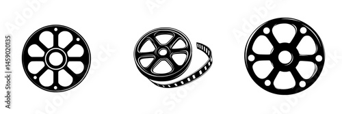 Black flat icons of film reels illustrating motion picture themes in a minimalist design suitable for media-related projects