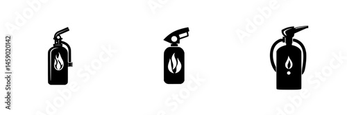 Flat black fire extinguisher icons suitable for safety and emergency response illustrations and designs