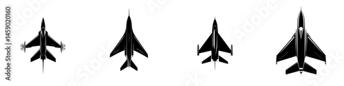 Flat black icons of various aircraft silhouettes displayed in a row against a white background for design use