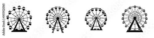 Flat black icons of ferris wheels in various designs demonstrating amusement park attractions and enjoyment