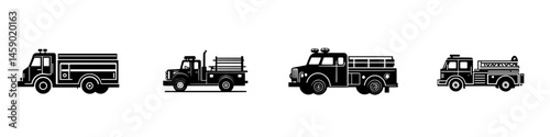 Collection of flat black icons depicting various types of trucks and emergency vehicles in a minimalist design