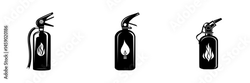 Flat black icons depicting various fire extinguishers in a simple and clean design for safety and emergency use