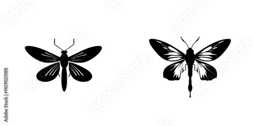 Flat black icon of two distinct insect silhouettes showcasing detailed wing patterns and body structures in a minimalist design