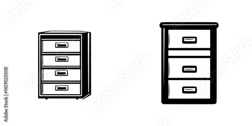 Flat black icon representing two styles of four-drawer cabinets designed for storage and organization