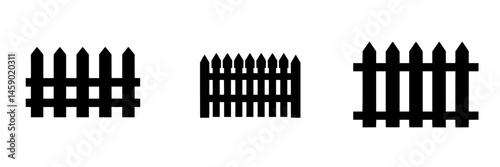 Flat black fence icons representing various designs suitable for landscaping or garden projects