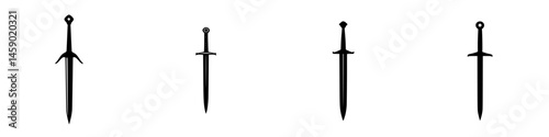 Collection of flat black sword icons representing various sword designs and styles for graphic design and illustration purposes