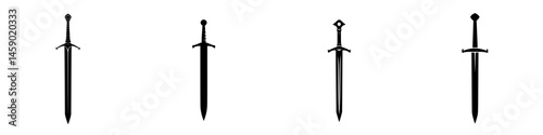 Various flat black sword icons representing different styles and designs of medieval weaponry in a minimalist format