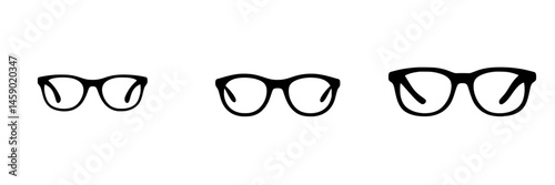Flat black icon of various styles of eyeglasses displayed in a simple and minimalist layout for design use