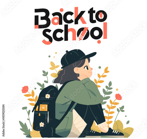 Fresh Beginnings: Playful Student Girls & Botanical Backpacks in Soothing Mint Tones for Back-to-School Joy