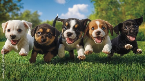 Puppy Joy: Five adorable puppies, a delightful mix of breeds, bound through a sunny meadow, their joyful expressions radiating pure happiness and boundless energy.