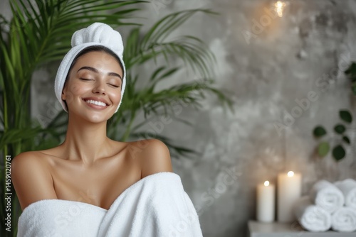 Happy woman enjoying relaxation in a modern spa salon with minimalist decor