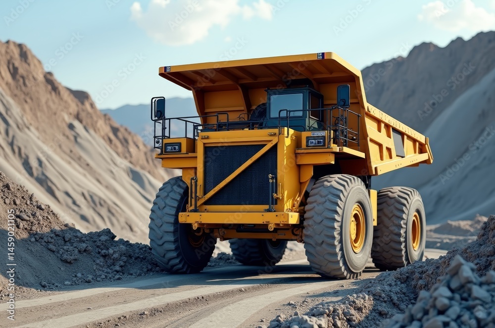 Obraz premium Yellow dump truck parked on dirt road with mountains in background