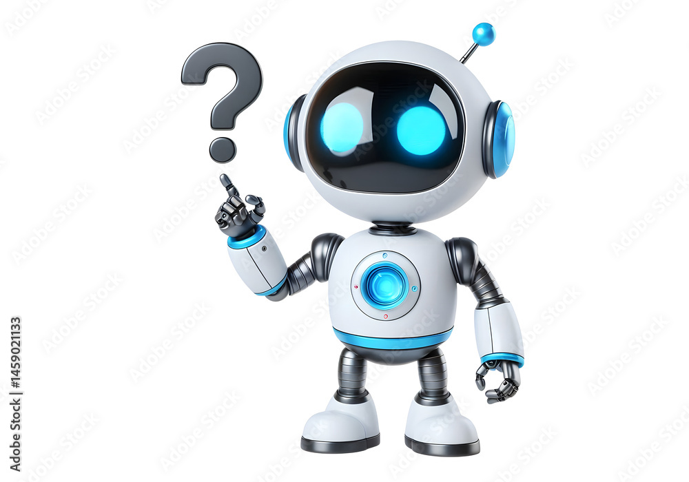 Friendly AI Robot Character in Thinking with a question mark above its head Poses isolated on white background Friendly AI Robot Character in Thinking with a question mark above its head Poses isolated on white background