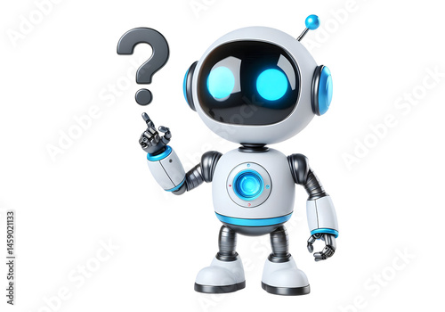 Friendly AI Robot Character in Thinking with a question mark above its head Poses isolated on white background 