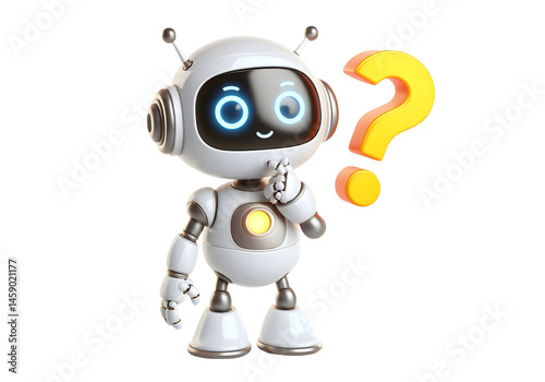Friendly AI Robot Character in Thinking with a question mark above its head Poses isolated on white background 