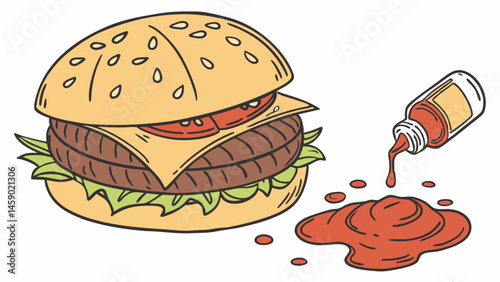 Delicious hamburger with cheese and ketchup on a white background  