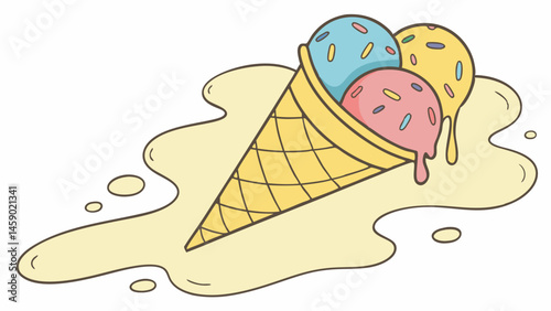 Melting ice cream cone with colorful scoops on a creamy background  