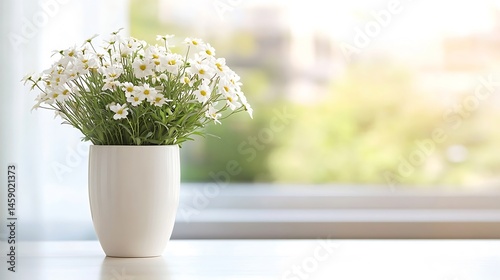 A bouquet of delicate white daisies in a sleek, modern white ceramic pot sits on a bright windowsill, bathed in soft, natural light. : Generative AI