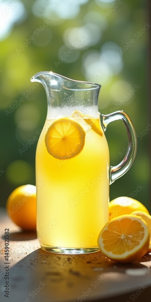 Glass pitcher of lemonade with ice and lemons Glass pitcher of lemonade with ice and lemons