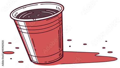 Red cup spilling liquid on a surface in a hand-drawn style  