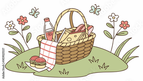 Picnic basket filled with food on a grassy field with flowers  