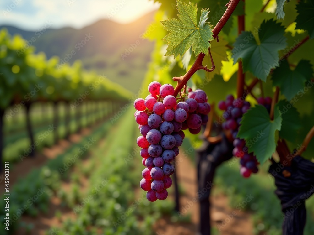 Fototapeta premium Purple grapes on vine Green leaves on grapevine Sunlit field of grapes Rows of