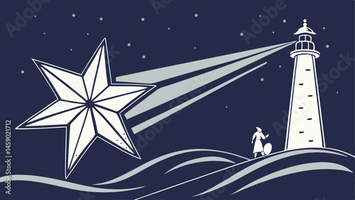 Star shining over lighthouse and ocean waves in dark night sky  