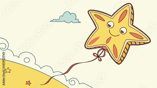 Happy star-shaped balloon floating in a whimsical sky  