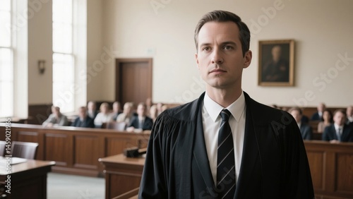 Judge in robes stands in courtroom