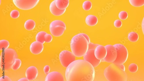 Coral droplets collide and merge into each other, forming new shapes on a yellow background