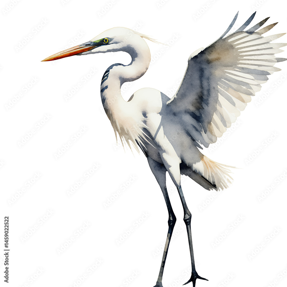 Fototapeta premium Great-Egret-Bird-Watercolor-Painting-Wildlife-Art-Nature-Image