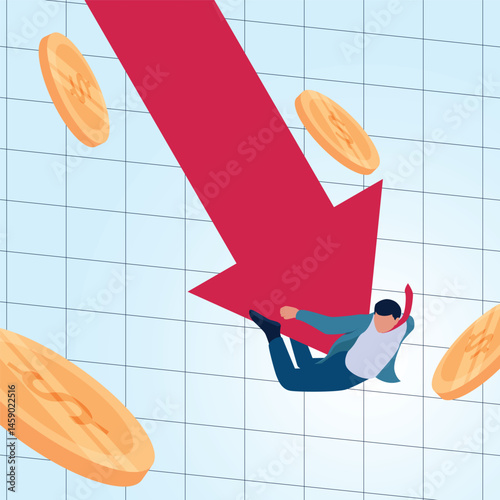 A man falls down hit by an arrow heading downwards. A metaphorical illustration for financial crisis, losses and inflation.