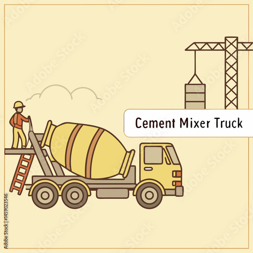 Cement mixer truck with construction worker loading materials  