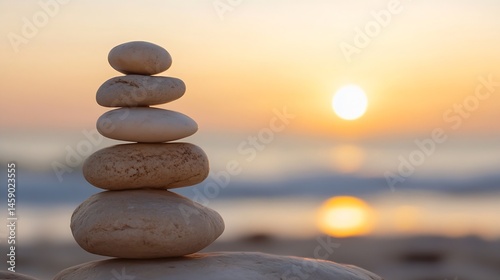 Serene sunset scene featuring a carefully balanced stack of smooth, light-colored stones on a beach, with a blurred ocean and sun in the background. : Generative AI