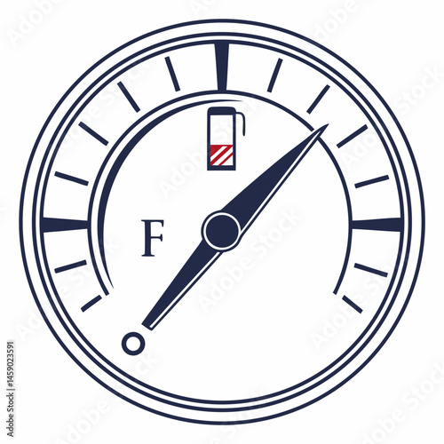 Fuel gauge indicator with needle pointing to full tank level  